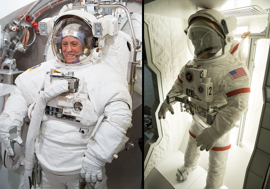 Uno de los dos tipos de trajes diseñados para la película. A la izquierda el traje real de la NASA, a la derecha el diseñado para la película. 