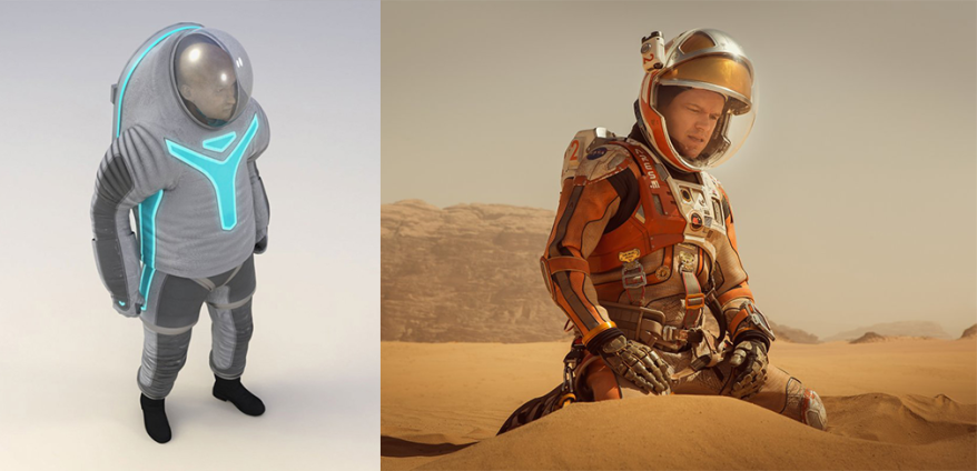 Los trajes de la película tienen un diseño más práctico para el movimiento de los actores. Los trajes espaciales de NASA Mars (izquierda) A la derecha el traje del equipo de diseño de la película. 